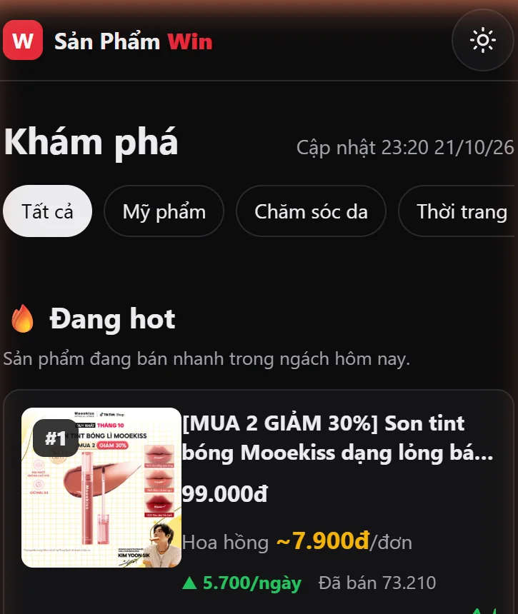 Trang Khám phá: chọn ngách, danh sách sản phẩm đang hot hôm nay