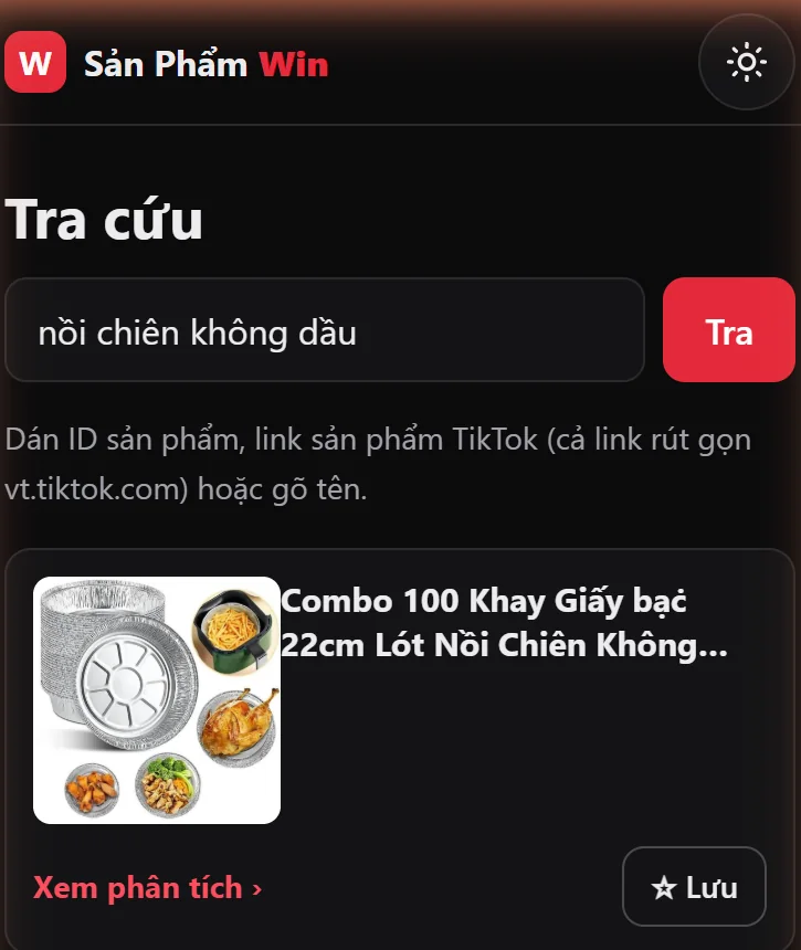 Trang Tra cứu: gõ tên hoặc dán ID, link sản phẩm TikTok